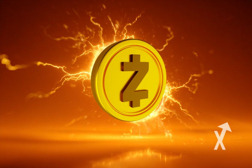 jeton zec de zcash en jaune avec électricité autour et sur un fond orange