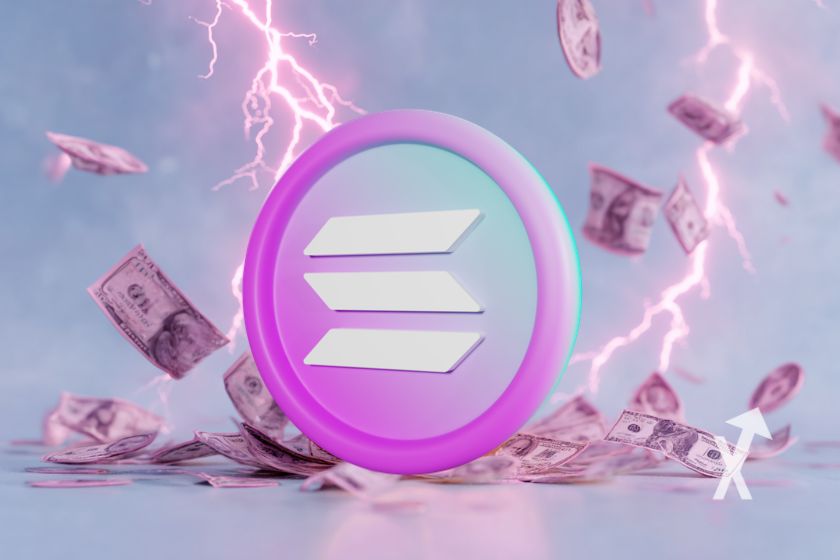 Jeton Solana en rose avec électricité autour sur un fond rose bleu et des billets dollars qui volent autour