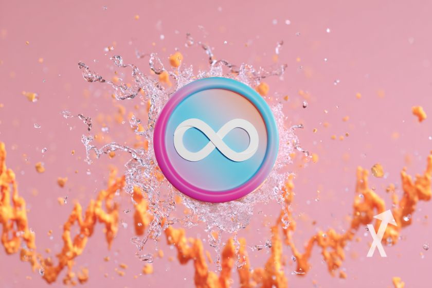 coin ICP sur un fond rose avec trendline de prix orange et éclats de roches oranges autour