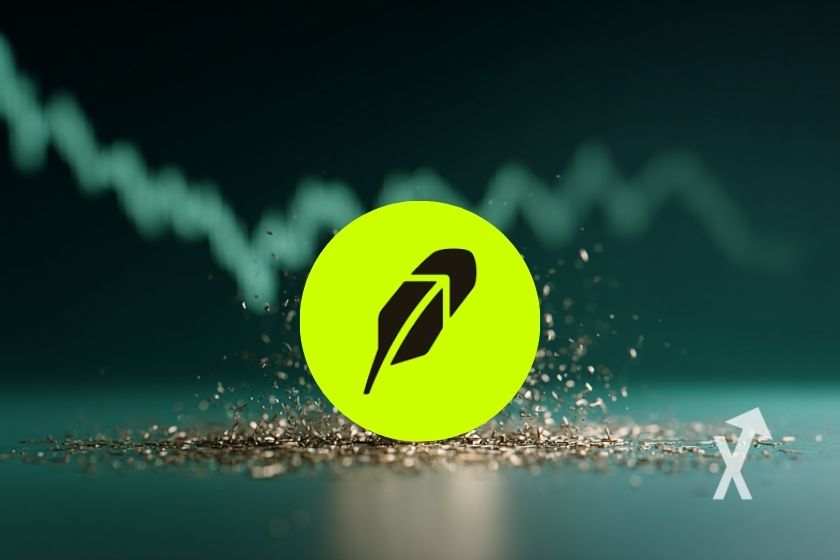 jeton HOOD de Robinhood sur un fond vert avec une trendline graphique verte en fond