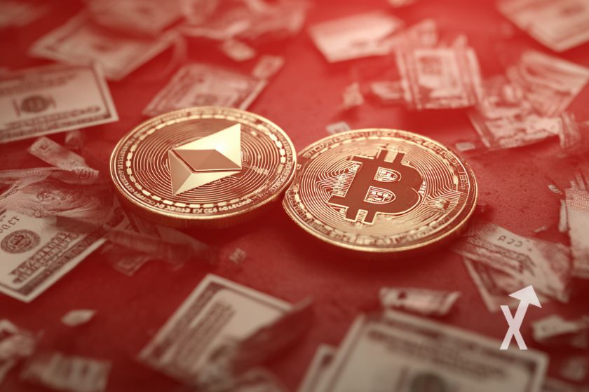 coin Ethereum et Bitcoin dans un fond rouge avec des billets dollars autour