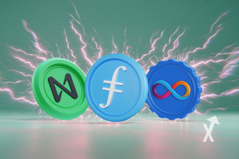 Coins Near , ICP et Filecoin sur un fond bleu/vert et de l'électricité autour des jetons