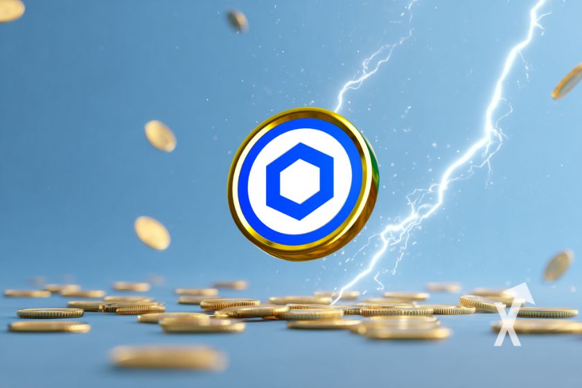Jeton Chainlink sur un fond bleu avec un éclair des des tokens jaunes qui volent