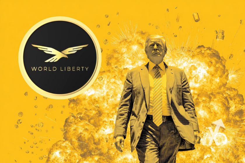 Donald trump dans une explosion avec un jeton WLFI Coin à gauche sur un fond jaune