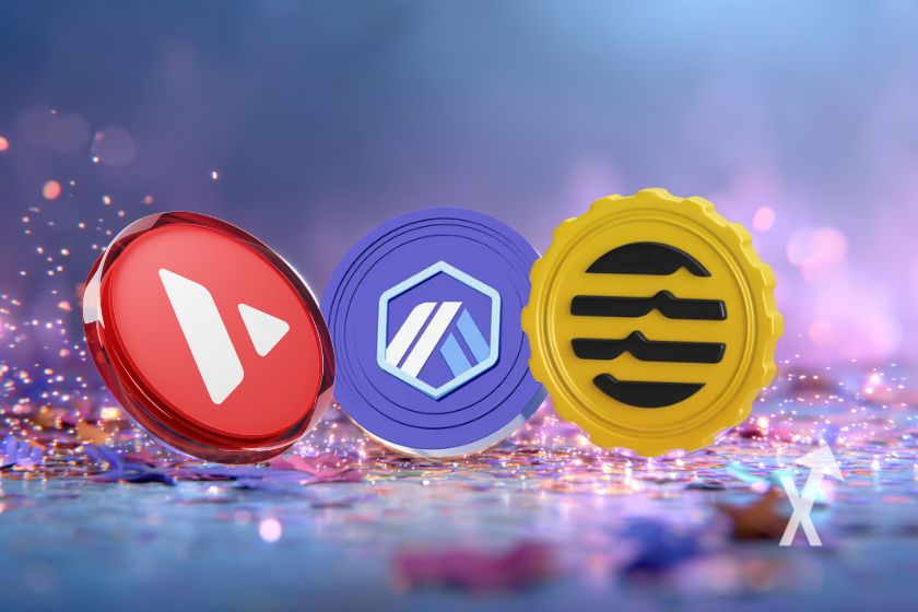 coin AVAX Arbitrum et Aptos sur un fond villet avec des faisceaux de lumières rose