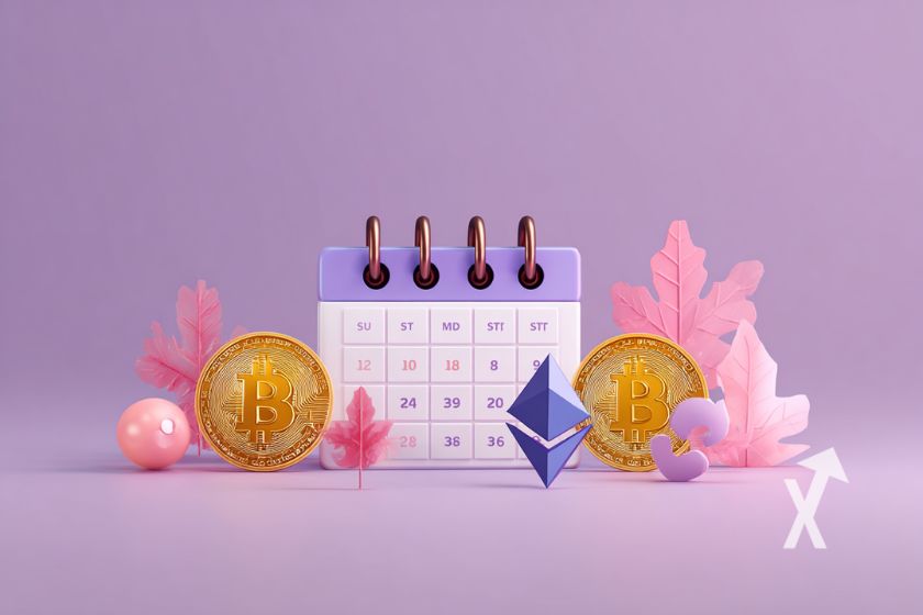 Calendrier novembre sur fond rose avec cryptos tokens devant et des plantes roses