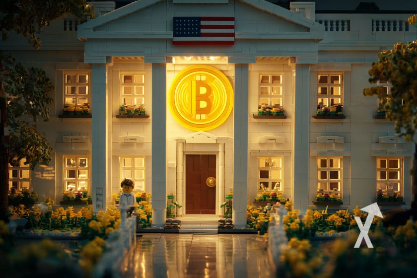Illustration maison blanche avec un coin Bitcoin qui brille en or sur la facade