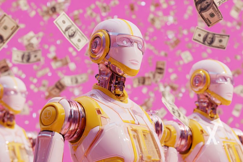 robots IA sur un fond rose avec des billets dollars qui pleuvent et des tokens crypto