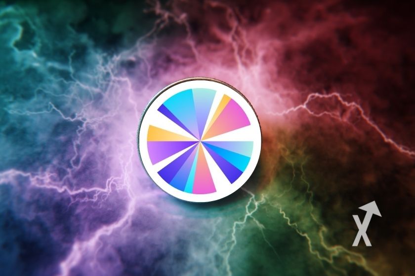 coin SKY de Maker sur un fond multi-couleurs avec des éclairs en rosace autour du jeton