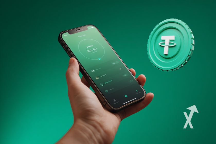 téléphone tenu par une main sur un fond vert et un coin du stablecoin tether - Cash App
