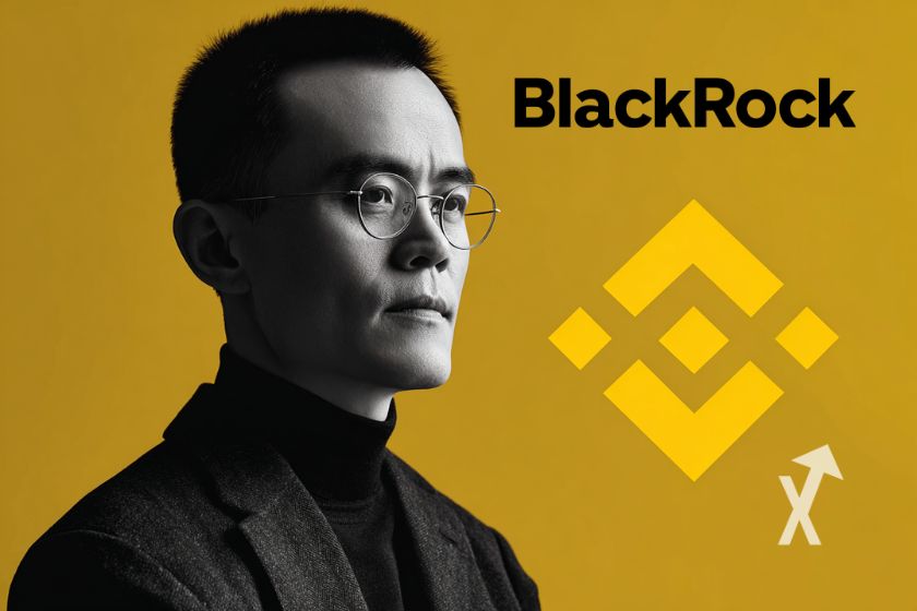 CZ sur un fond jaune avec un logo Binance jaune et un logo BlackRock en noir à droite