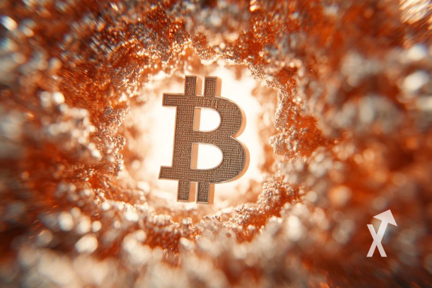 Bitcoin logo dans un fond rouge et blanc avec des bulles de fumées
