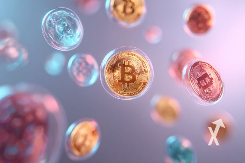 Crypto tokens dont Bitcoin dans des bulles dans un ciel gris bleu