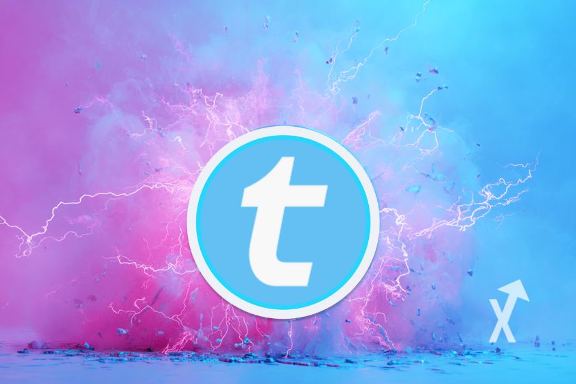 coin logo de Telcoin sur un fond bleu et rose avec fumée rose et des éclairs autour du logo