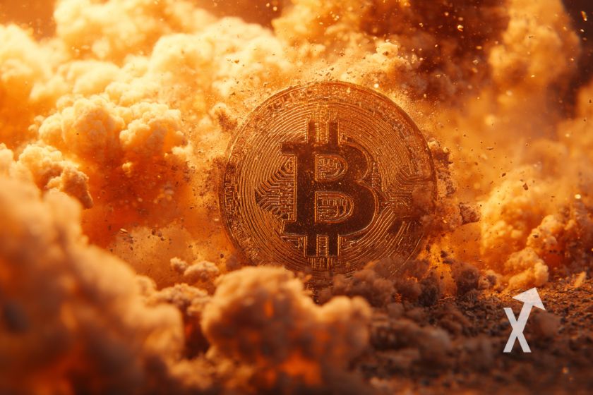 Coin Bitcoin dans un nuage de fumée orange