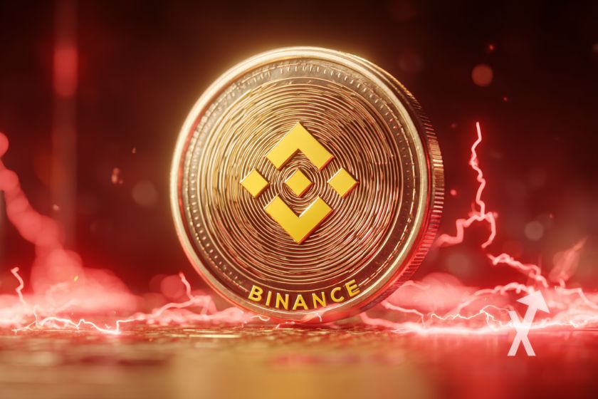 coin Binance BNB dans un fond rouge et noir avec de l'électricité rouge autour