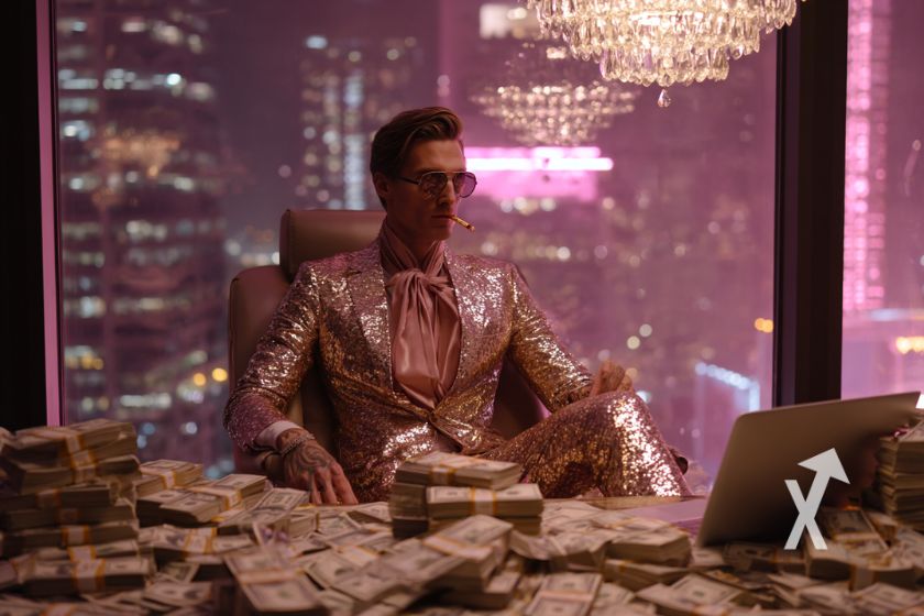 Homme en costume dans un immeuble avec vue sur un ville rose, des liasses de dollars sur son burea