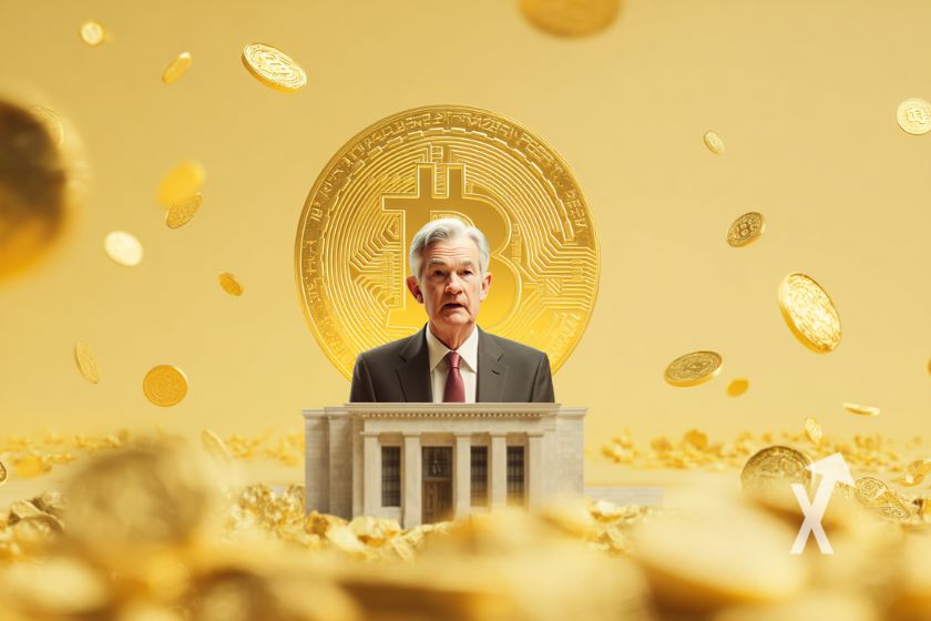 Jerome Powell avec un fond jaune et un bitcoin derrière lui. Il est derrière un pupitre blanc avec des coins Bitcoins qui volent