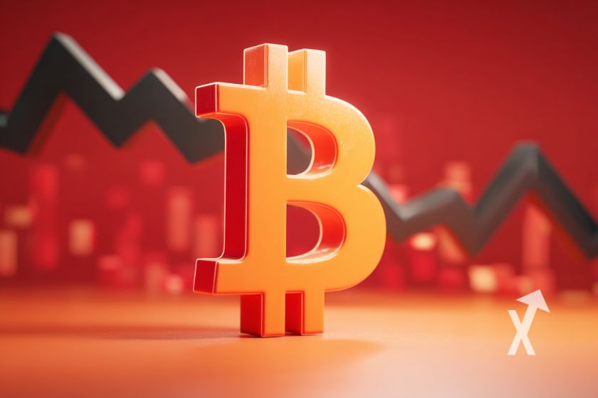 Logo Bitcoin en orange avec fond rouge et ligne de tendance noire qui descend