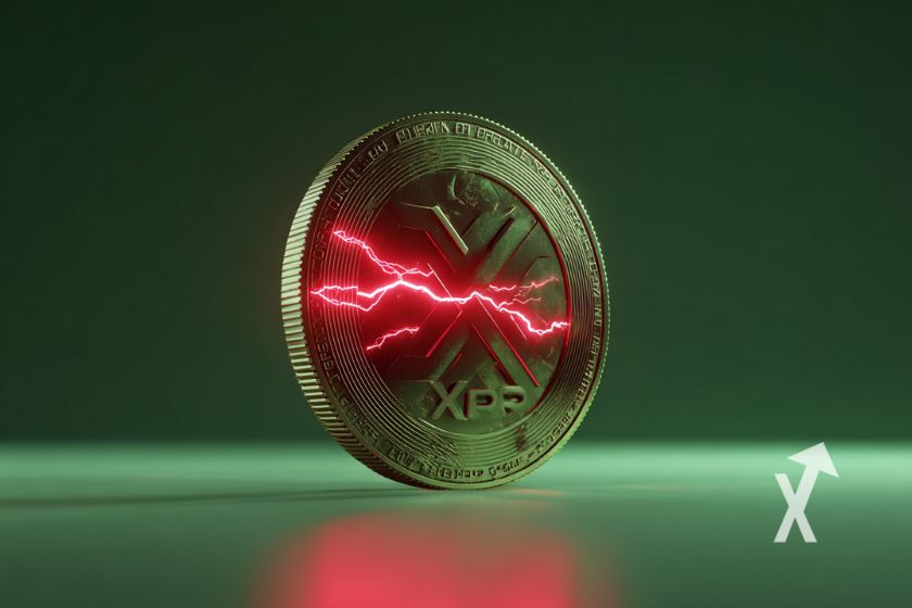 coin XRP en vert avec éclairs rouge sur le coin sur un fond vert