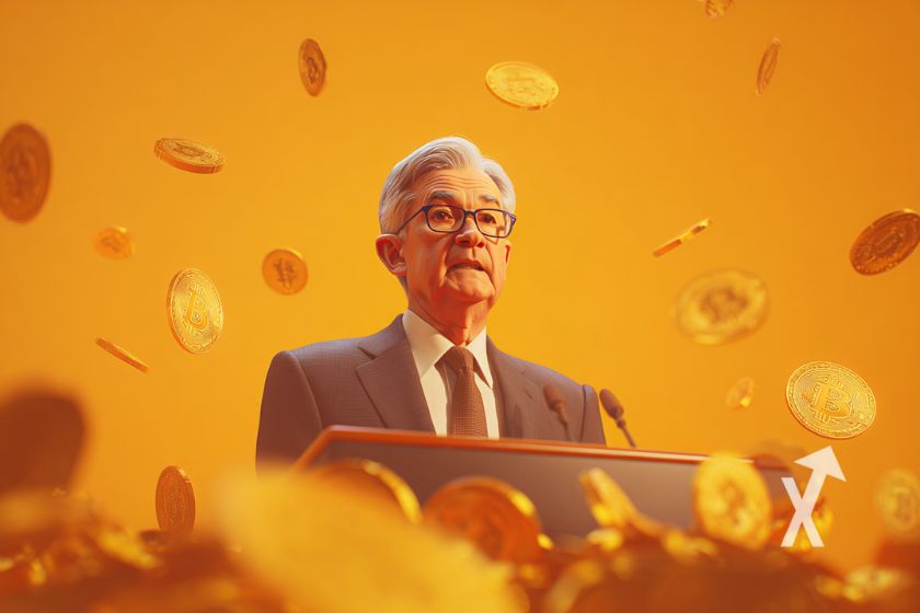 jerome Powell derrière un pupitre, fond orange et des bitcoins coins qui volent autour