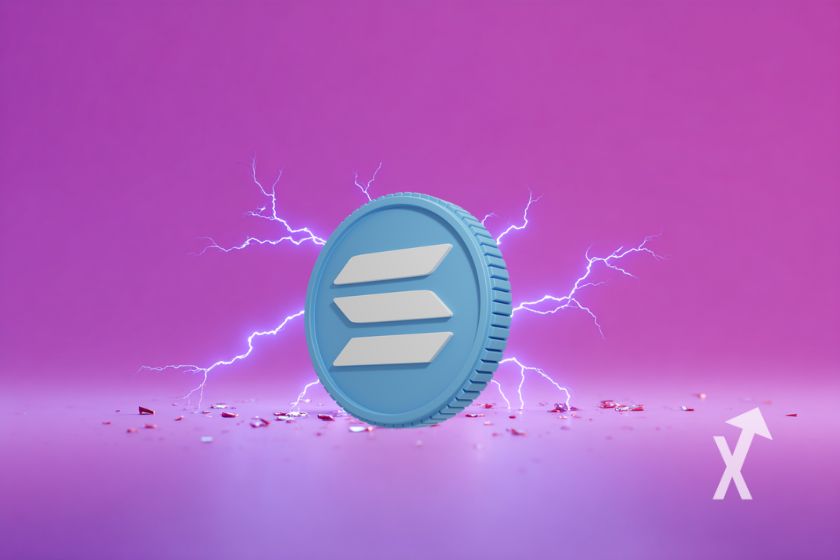 coin Solana SOL fond rose et violet avec éclais autour du coin