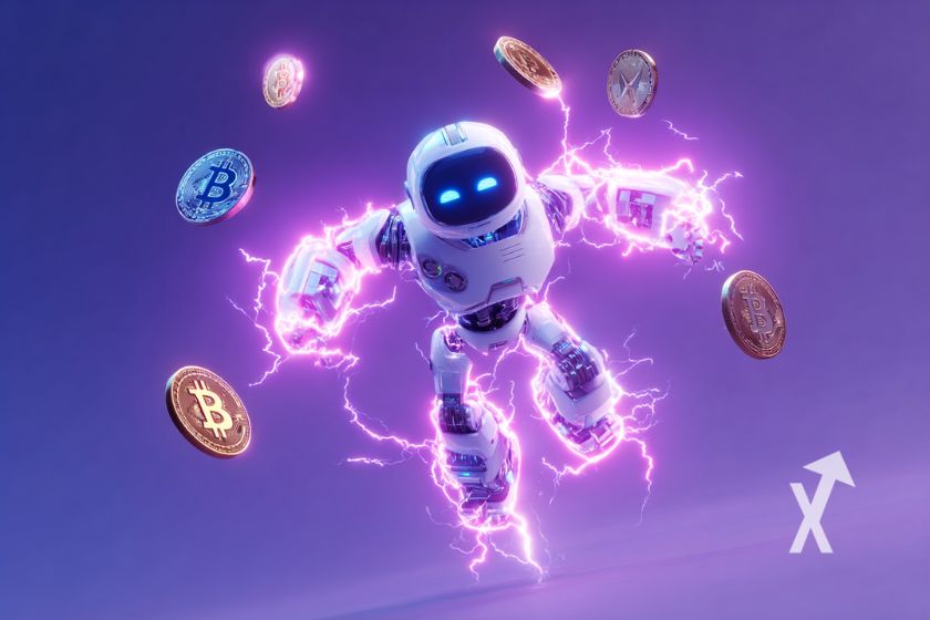 robot blanc avec des yeux bleus qui volent dans u fond violet avec des tokens cryptos qui volent autour de lui avec de l'électricité violette