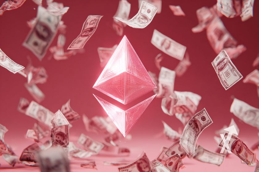 Logo ethereum en rose sur un fond rouge avec des billets dollars qui volent