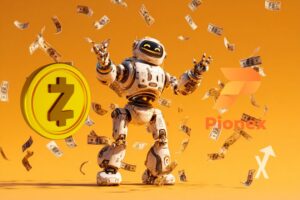 robot sur un fond orange avec des billets dollars qui volent avec un coin Zcash à gauche et un logo Pionex à droite