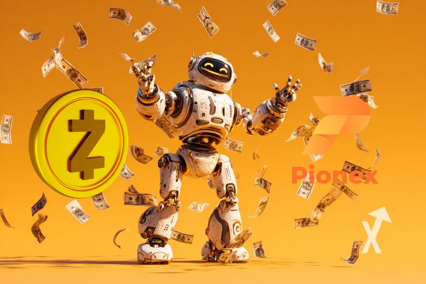 robot sur un fond orange avec des billets dollars qui volent avec un coin Zcash à gauche et un logo Pionex à droite