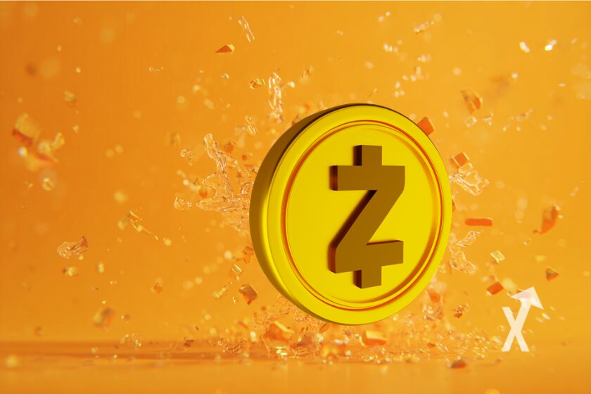Coin Zcash ZEC dans un fond orange avec éclairs autour