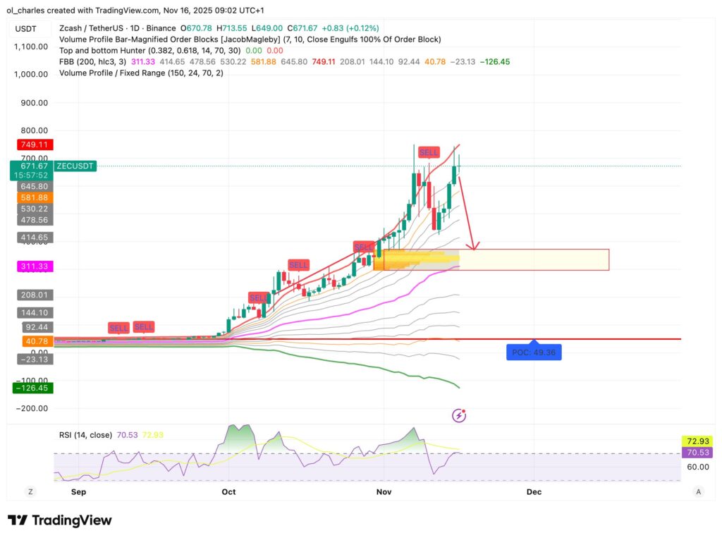 cours du Zcash avec Order Blocks et FBB et RSI en 1 jour