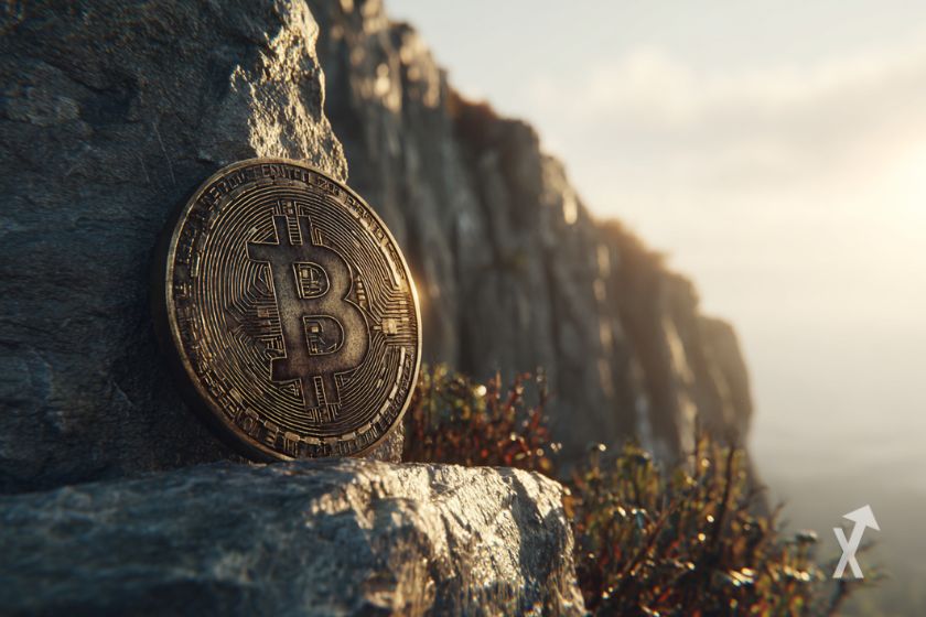 Une pièce de Bitcoin posée au bord d'une falaise