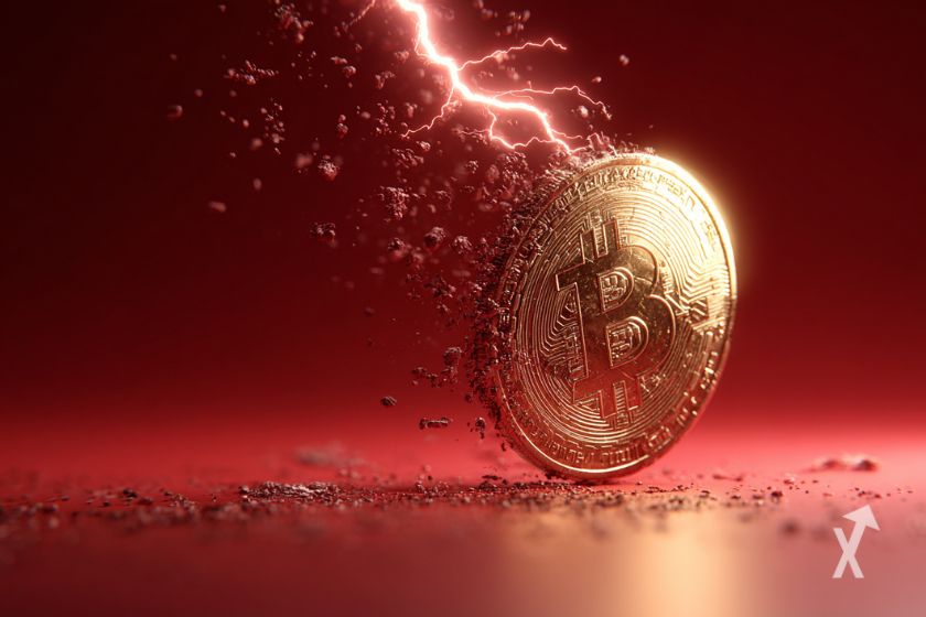 Une pièce de Bitcoin frappée par la foudre sur un fond rouge