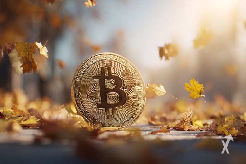 Une pièce de Bitcoin entourées de fleurs automnales