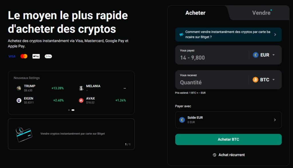 La page du site de Bitget permettant d'acheter des cryptomonnaies et de choisir le mode de paiement