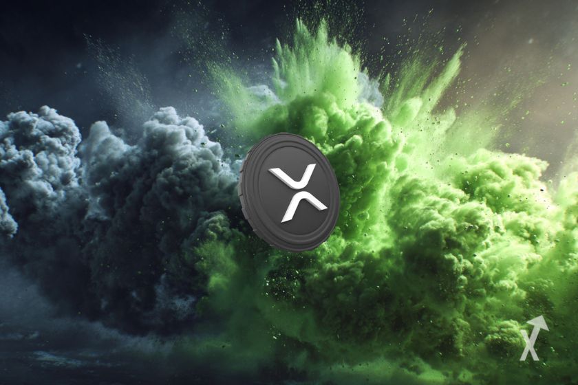 Le token XRP sur une explosion de fumée grise et verte