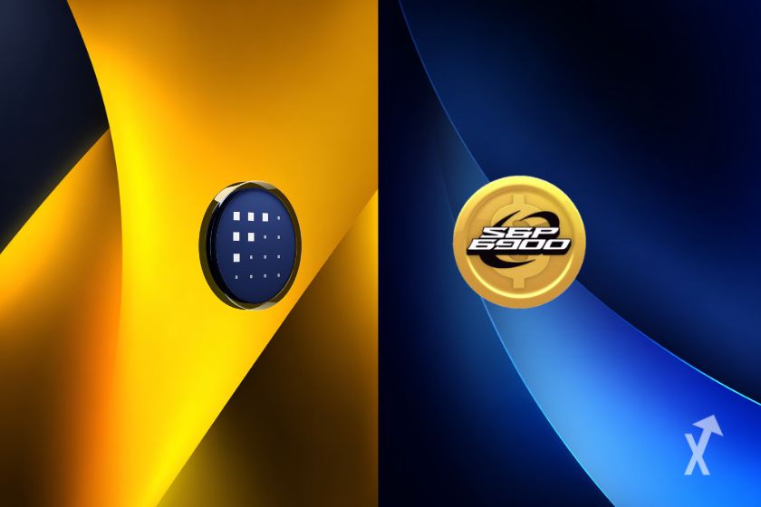 Un fond bicolore avec du jaune et du bleu ainsi que les tokens FET et SPX6900