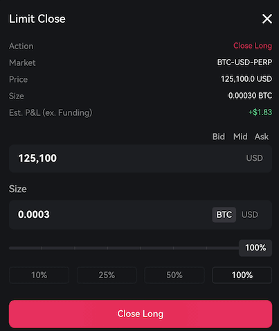 Onglet de clôture de position sur paradex, interface mobile