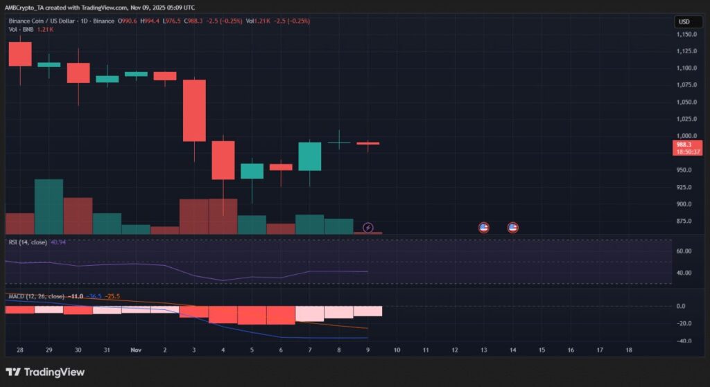 graphique du prix du BNB avec des bougies japonaises vertes et rouges et autres indicateurs techniques