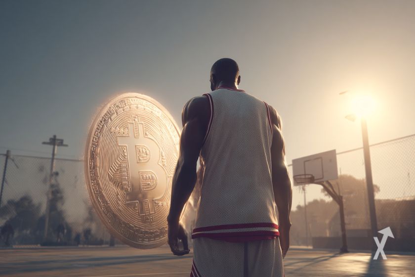 Un joueur de basket sur un terrain, regardant une pièce géante de Bitcoin