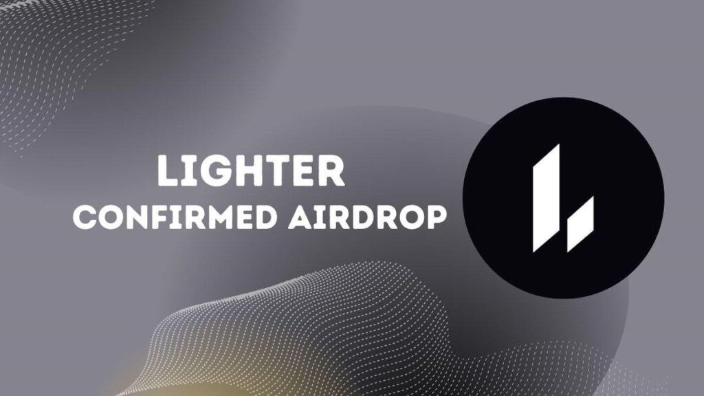 Un fond gris avec des formes abstraites, le logo Lighter et la mention "Confirmed Airdrop" écrite en blanc