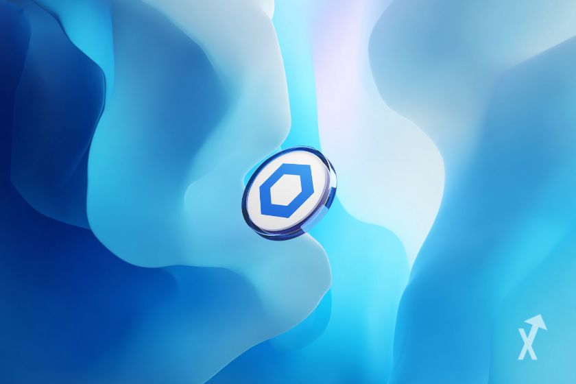 Le token blanc de Chainlink sur un fond bleu avec différents tons