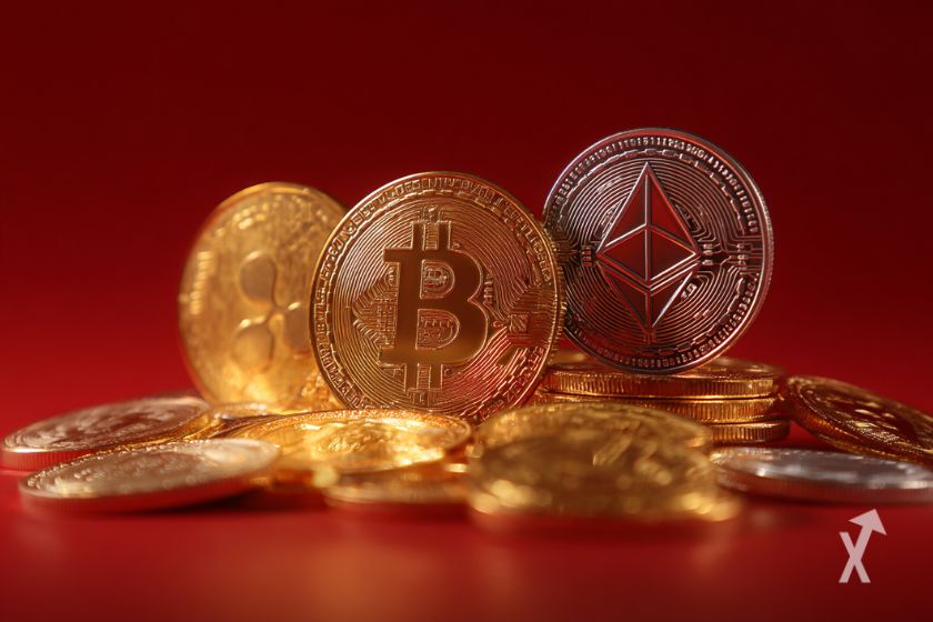Des pièces de Bitcoin, XRP et ETH empilées sur un fond totalement rouge