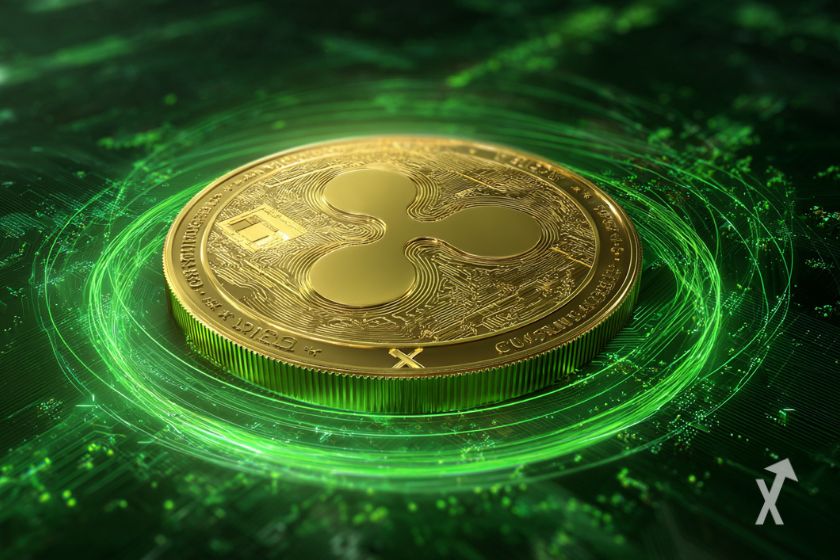 Le token de XRP en or sur un fond vert et noir futuristique