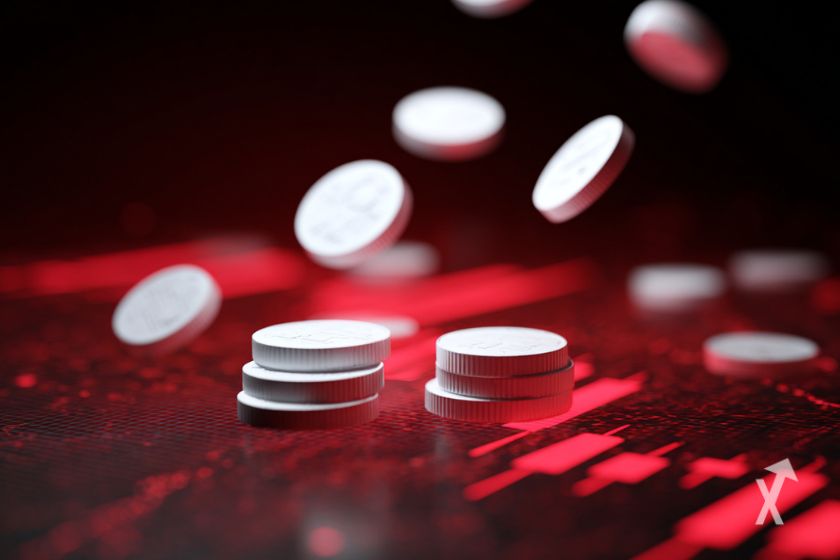 Des tokens blancs flottant sur un graphique rouge