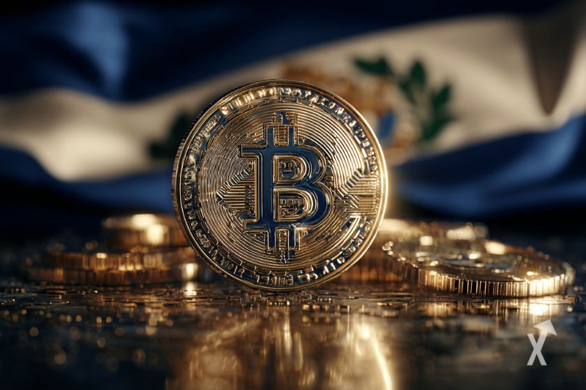 Des pièces de BTC devant un drapeau de Salvador