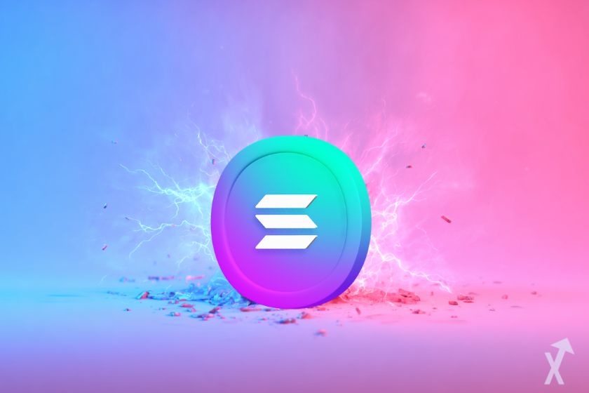 coin solana sol avec de l'électricité autour et un fond bleu et rose