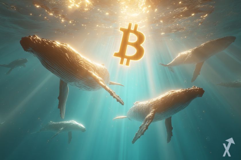 plusieurs baleines avec un coin bitcoin dans l'eau