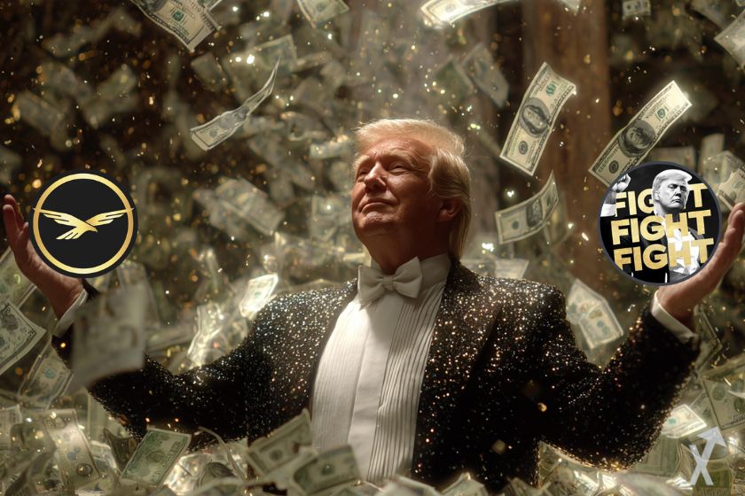 trump qui célèbre avec ses 2 tokens crypto wlfi et trump dans une pluie de dollars